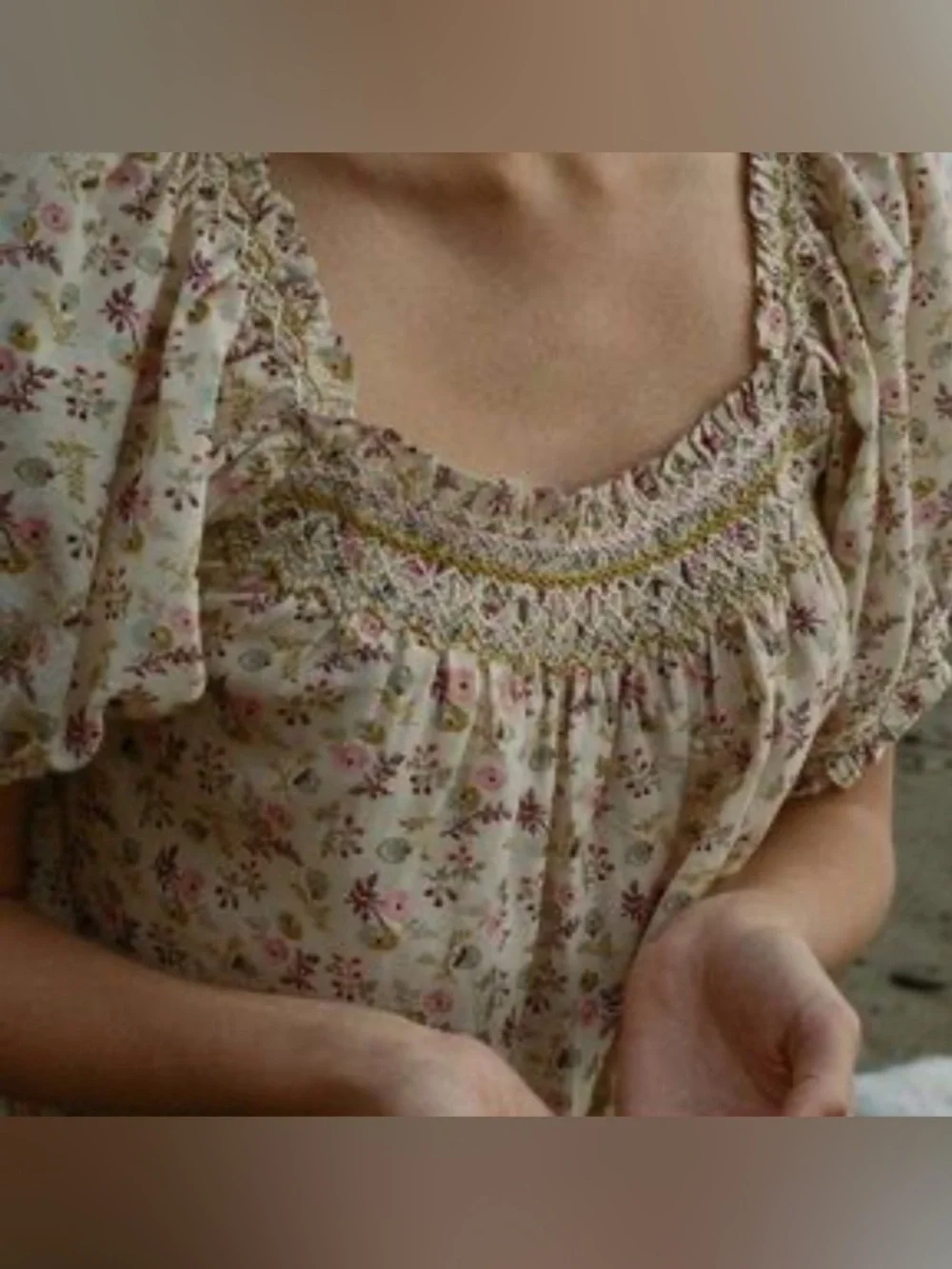 Doen Cream Floral Smocked Square-Neck Blouse